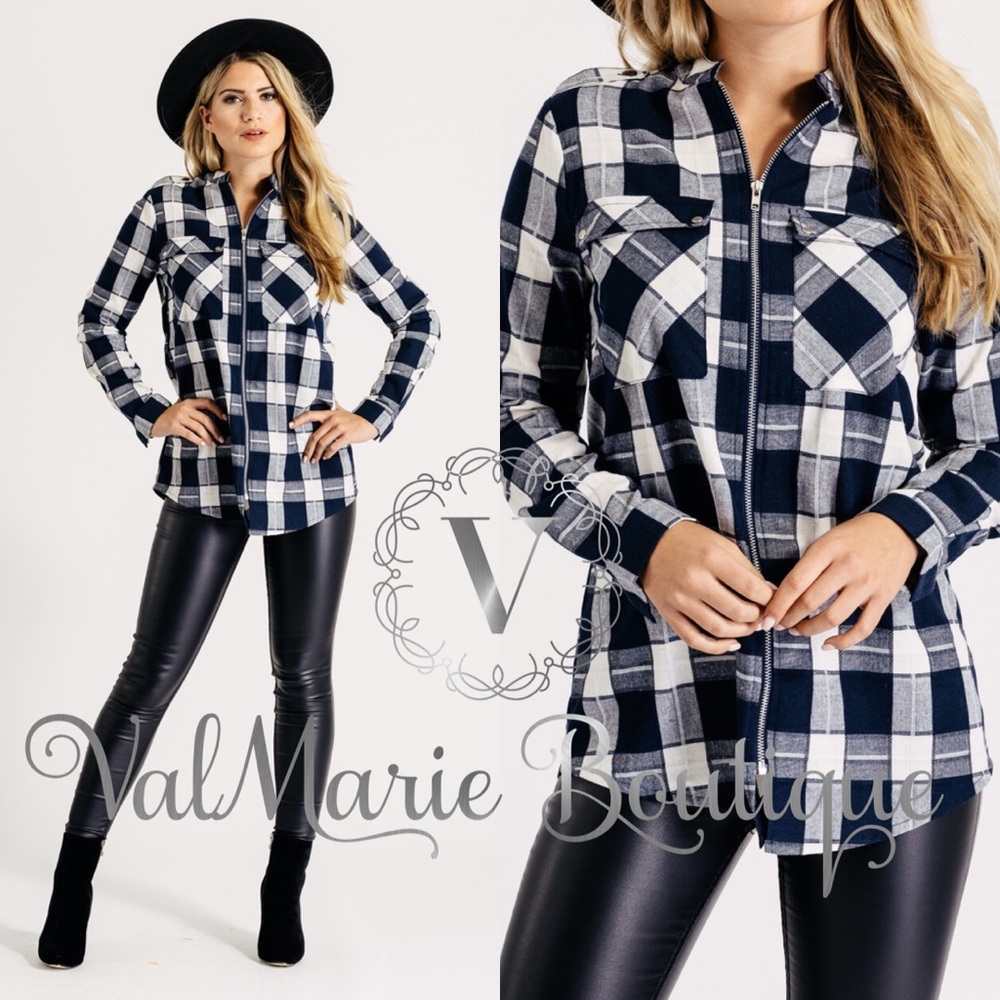 Navy Plaid Zip Up Shirt